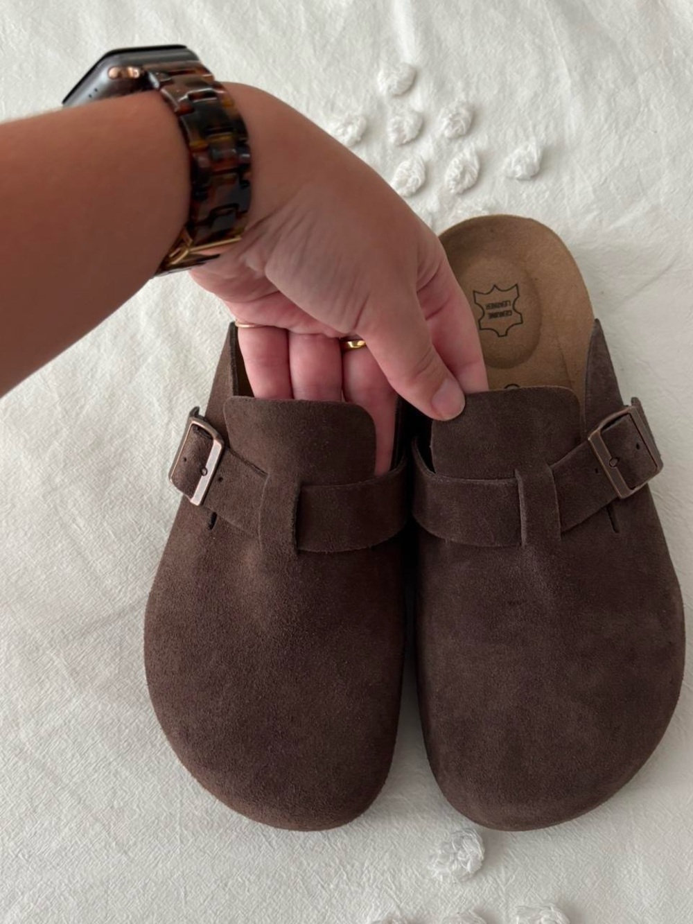 Dark Brown Suede Slip-On Clogs with Buckle - Picture 3 of 5